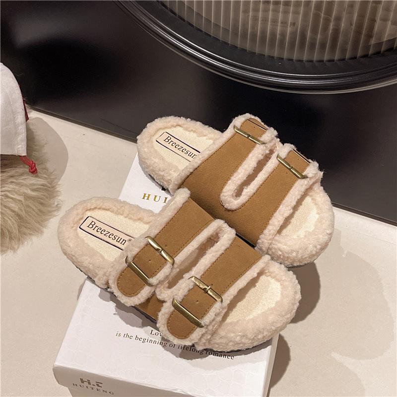 

Winter thick bottom hairy slippers with a single strap and plush cotton mop 36-37 хакі
