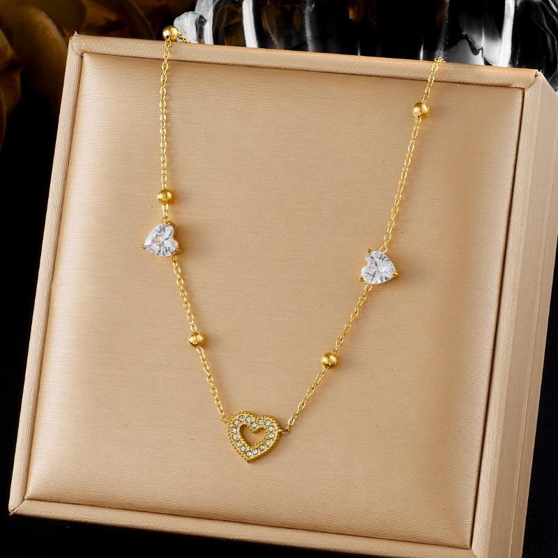 

Gold Plated Heart CZ Beaded Necklace, Dainty Open Heart Pendant Link Chain with Clear Zircon Charms, Love Jewelry for Women Gift золотой
