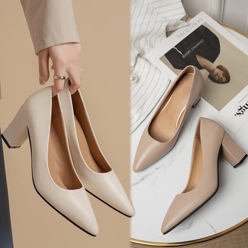 2021 autumn new Korean version work simple fashion high heels pointed thick heel shallow mouth single shoes women 2025