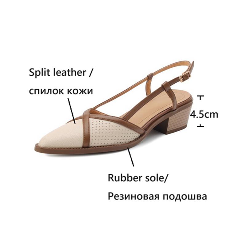 Fashion NEW Summer Women Sandals Split Leather Shoes for Women Pointed Toe Chunky Heel Shoes Cover Toe Slingback Hollow Designer Sandals