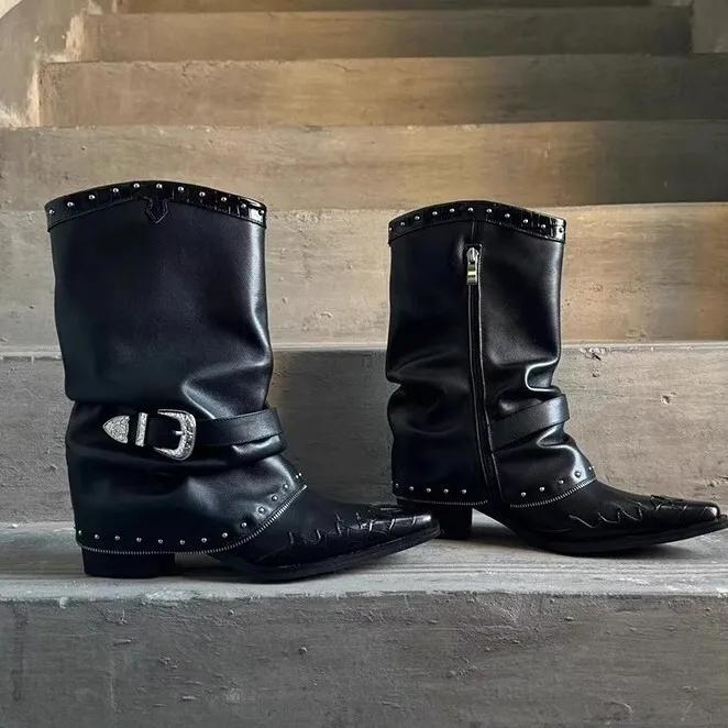 Women Ankle Boots Pointed Toe Real Leather Horse Shoe Heel Short Boots Woman Rivet Buckle Luxury Shoes Ladeis Party