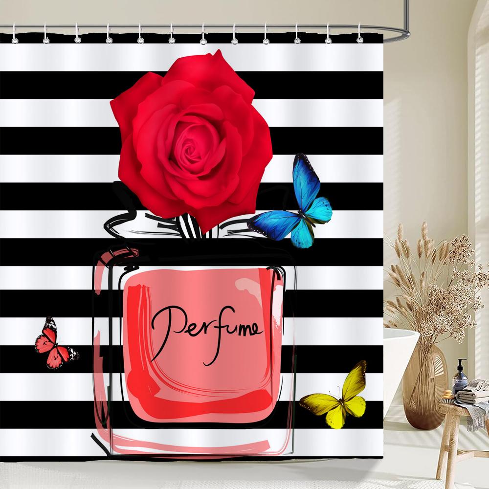 

Modern fashion stripe perfume cosmetics printed shower curtain polyester bathroom curtain with hooks home decoration curtain W90xH180cm