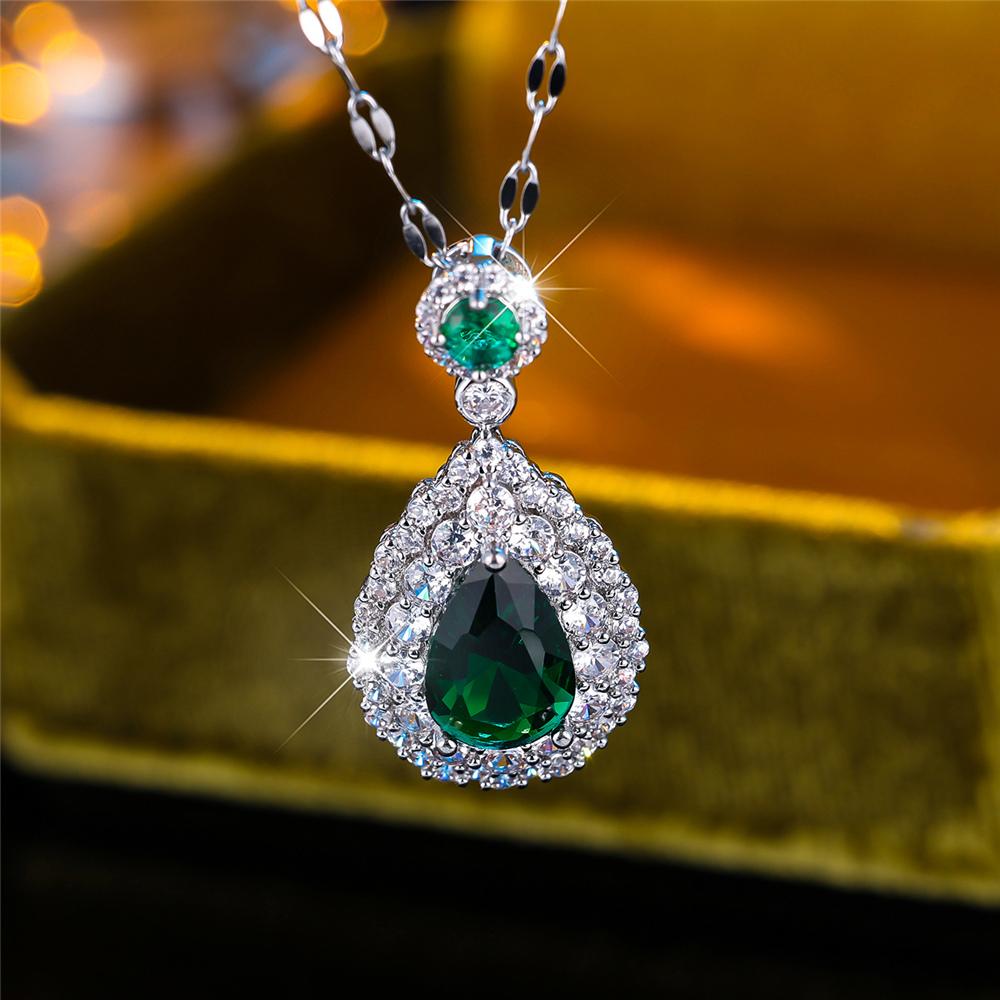 Luxury Female Crystal Green Red Zircon Stone Water Drop Pendant Necklace Vintage Silver Color Wedding Jewelry For Women