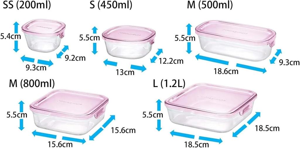 Iwaki Glass Storage Set of Pack Heat-Resistant Containers, Pink, Square, 3, & Microwave, PS-PRN-3P1