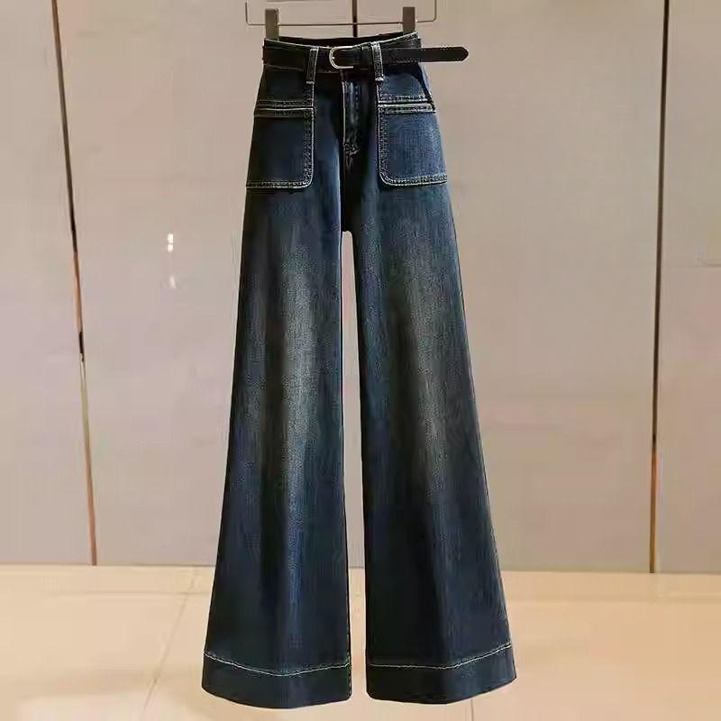 

Женские джинсы с высокой посадкой Весенние Ретро Эластичные Свободные Прямые Джинсы Широкие брюки 2XL синий