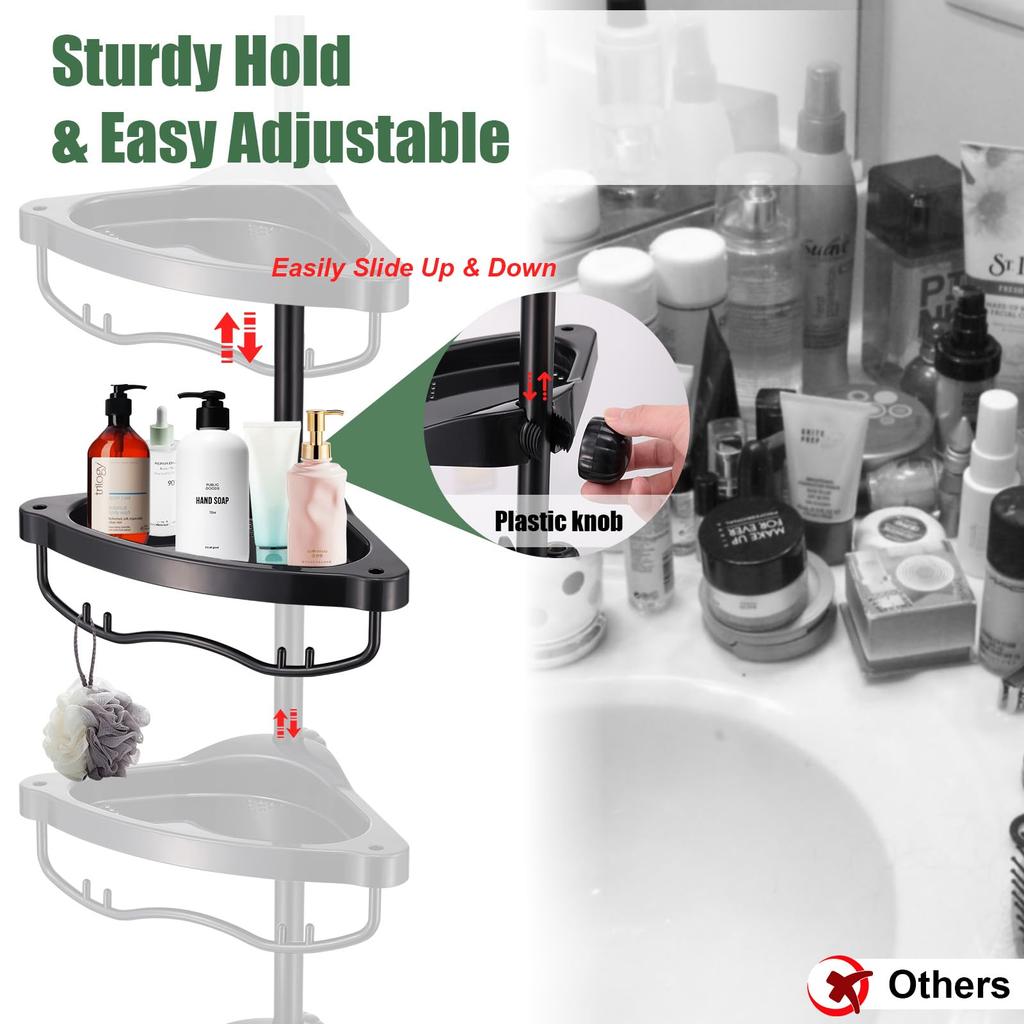Bathroom Adjustable Tension Pole Corner Shower Caddy with ABS Rustproof Stainless Steel No Drill Shower Large Shower Storage Shelf for Rack, 140-310cm