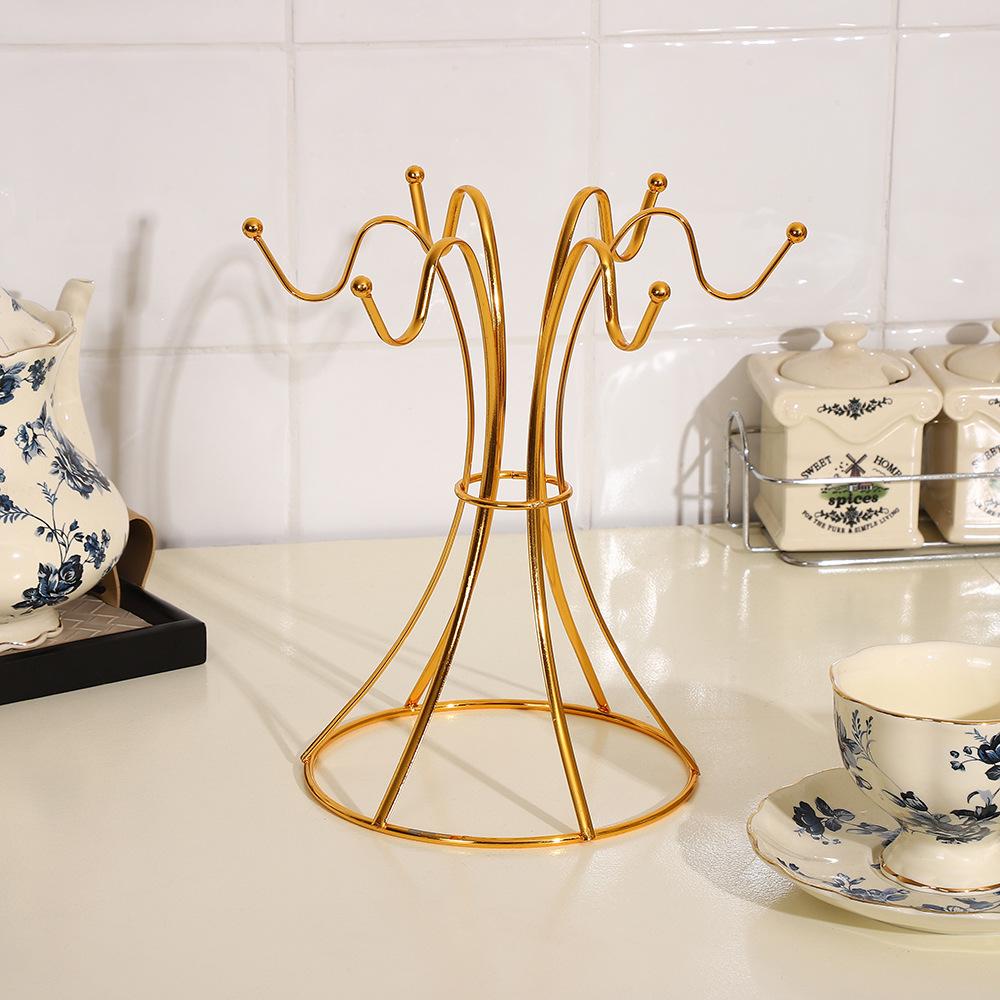 

1pc Creative Practical Home-use Flat Iron Six-cup Rack Kitchen Hanging Cup Holder Dining Room Coffee Cup Organizer With Drainage золотистый