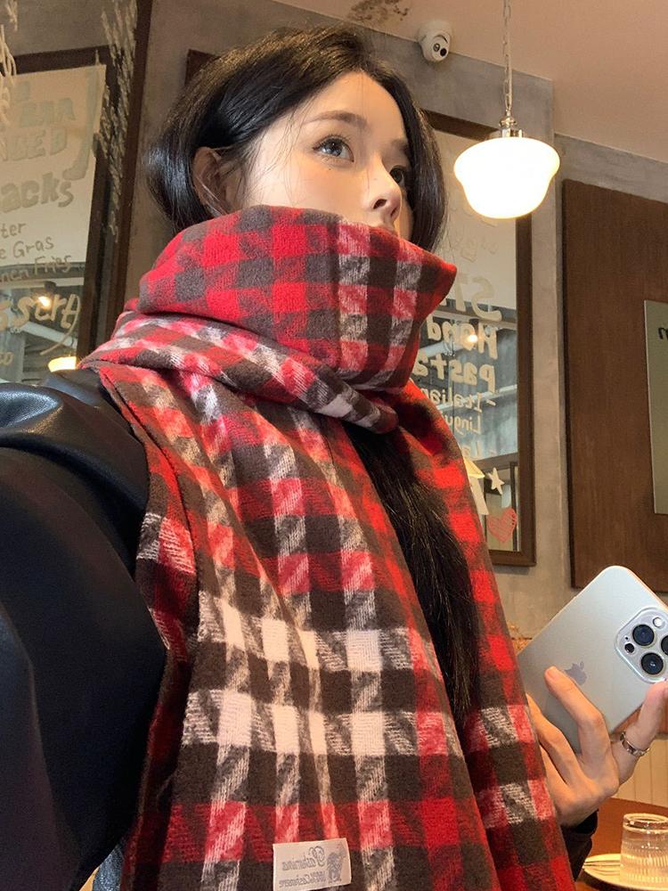 Women Winter Knitted Scarf Headscarf Ladies Men Casual Red Houndstooth Tassel Scarve Mujer Male Foulard Long Wrap Shawl Korean