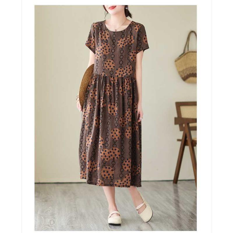 2025 Summer New Retro Literary Loose Round Neck Short Sleeve Midi Dresses