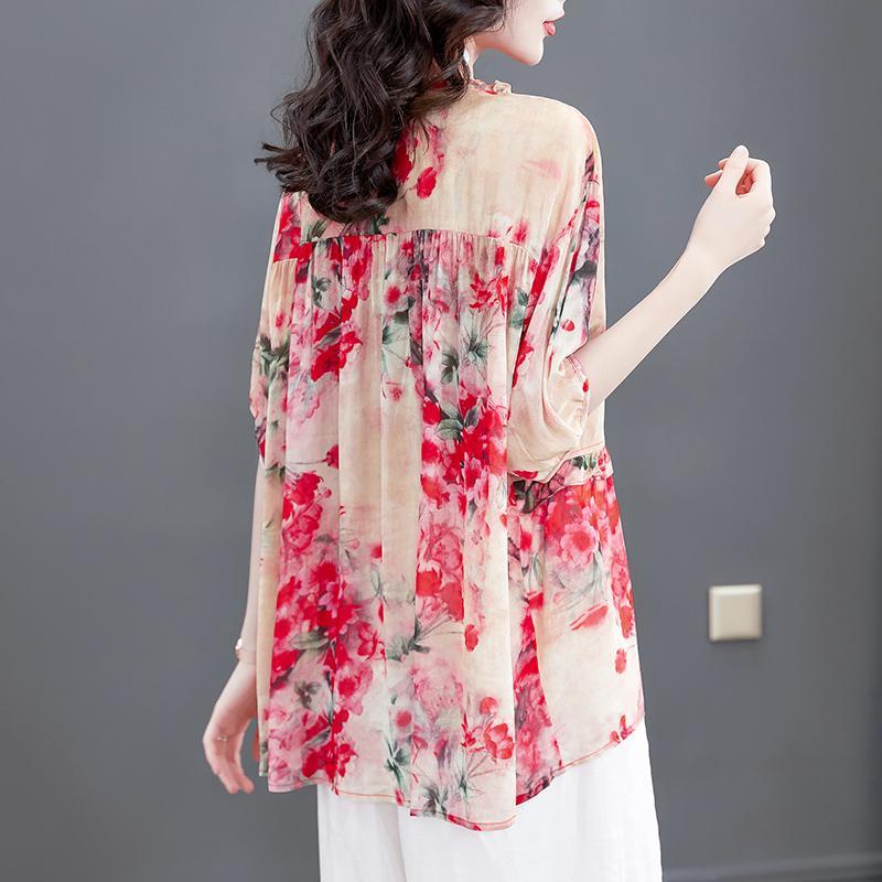 Encrypted Floral Chiffon Shirt for Women In Summer New T-shirt for Noble Ladies Loose Shirt Thin Short-sleeved Top