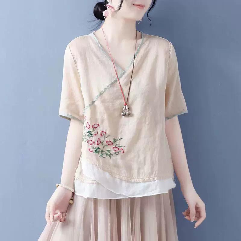 Womens Pink Floral Embroidered Linen Blouse Casual V Neck Wrap Short Sleeve Top