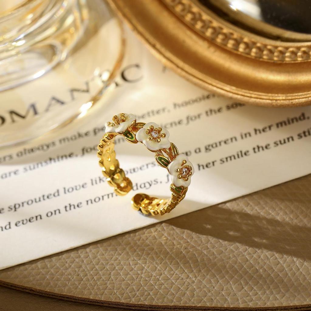 Copper-Plated 18K Gold Enamel Forest-Style Flower Open Ring