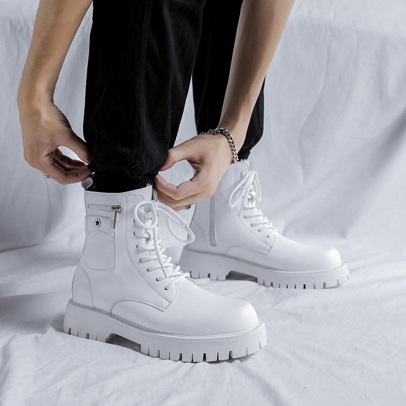 Fashion New Lace-Up Men Casual Motorcycle Boots Leather Men Fashion High Top Walking Shoes All-match Non-Slip Outdoor  Boots