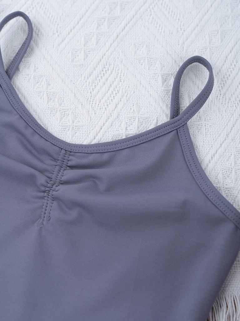 Girls Ballet Dance Dress Ruched Backless V Neck Suspenders Solid Color Exam Costume