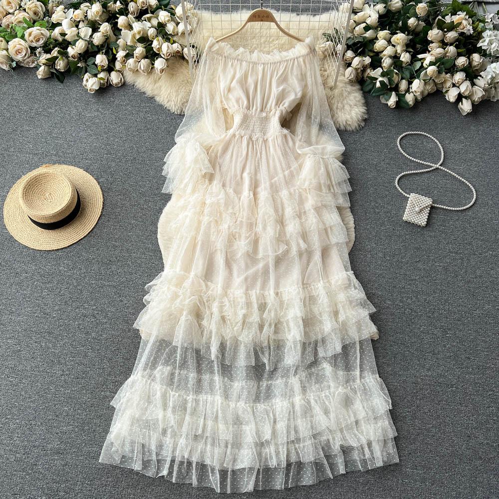 French Fashion Mesh Party Long Dress Women Ruffle Long Sleeve Slash Neck Elastic Waist Ladies Summer Elegant A Line Dresses