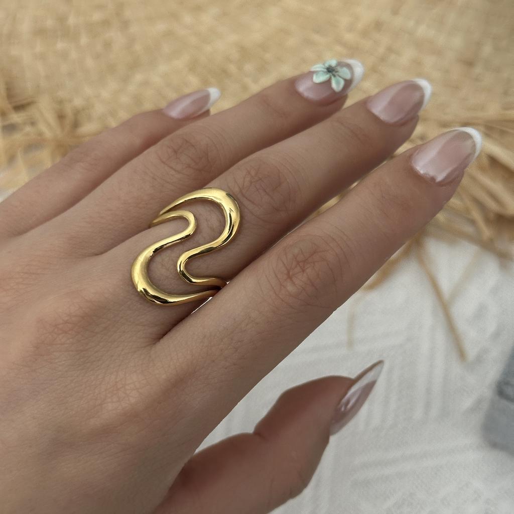 Stainless Steel Gold Color Love Heart Ring Set For Women Hollow Flower Geometric Finger Rings Party Vacation Waterproof Jewelry