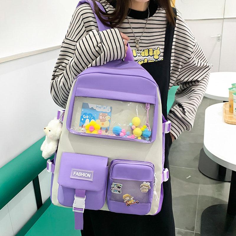 5pcs/set Kawaii School Bags for Teenage Girls Casual Canvas Large Capacity Student Bookbags Women Travel Backpack Shoulder Bags