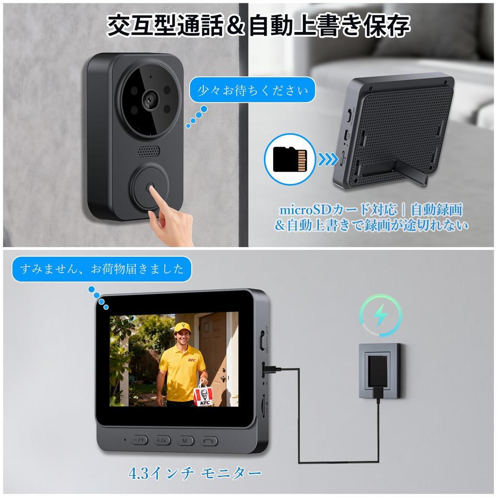 ZAIDER Wireless Intercom, No Installation Required, Video Doorbell with Camera, Two-Way Audio/Automatic Recording, Infrared LED Night Vision, 2.4GHz W