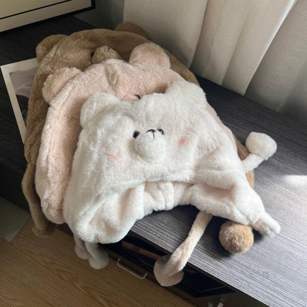 Cute Bear Pattern Women Plush Ear Protection Cap with Ties Lei Feng Hat  Winter Outdoor