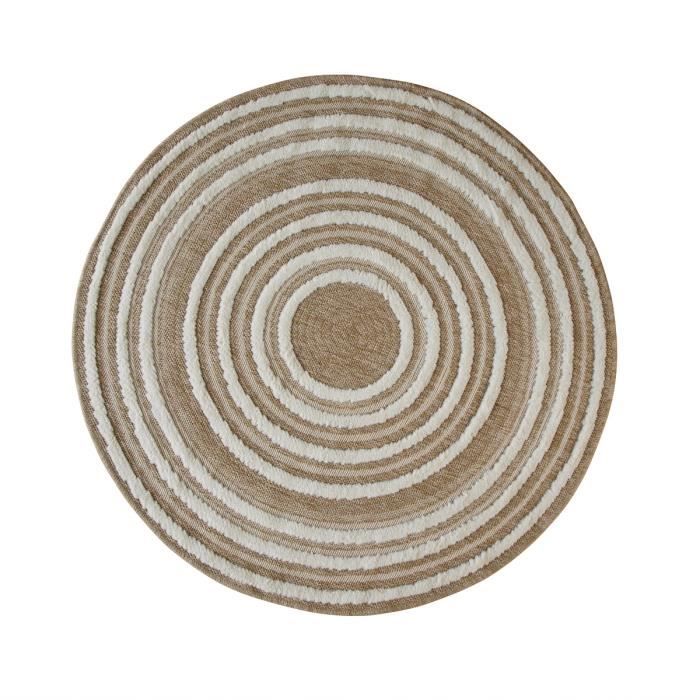 Tapis rond aspect jute motifs en relief blanc diamètre 70