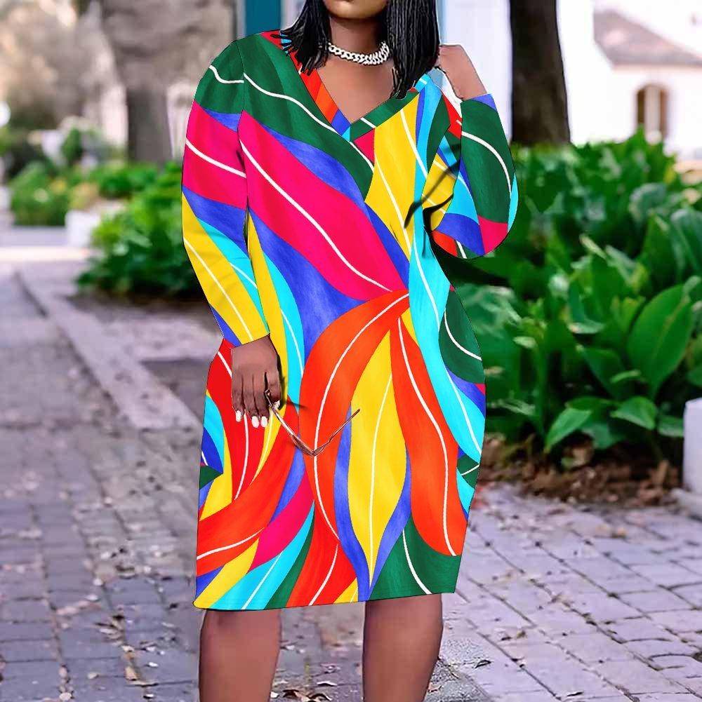 Women Plus Size V Neck Long Sleeve Pink Yellow Blue Printed Fitted Dress