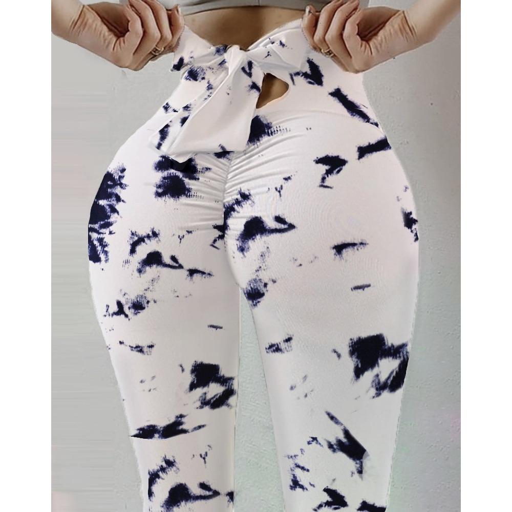 New Arrival Fitness High-Stretch Sweat-Wicking Digital Print Bow-Tie Drawstring Trousers Leggings High-Waisted Slim-Fit Yoga Pants for Women