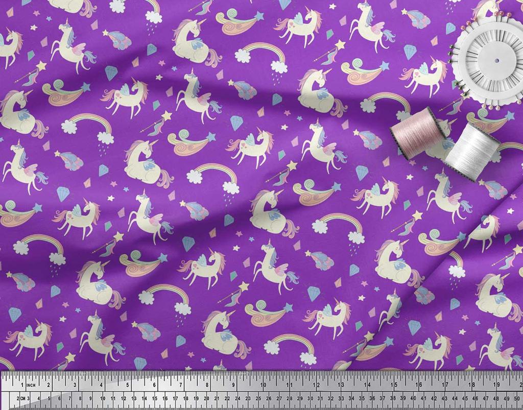 Soimoi Blue Japan Crepe Satin Fabric Rainbow & Unicorn Animal Print Sewing Fabric metre 42 Inch