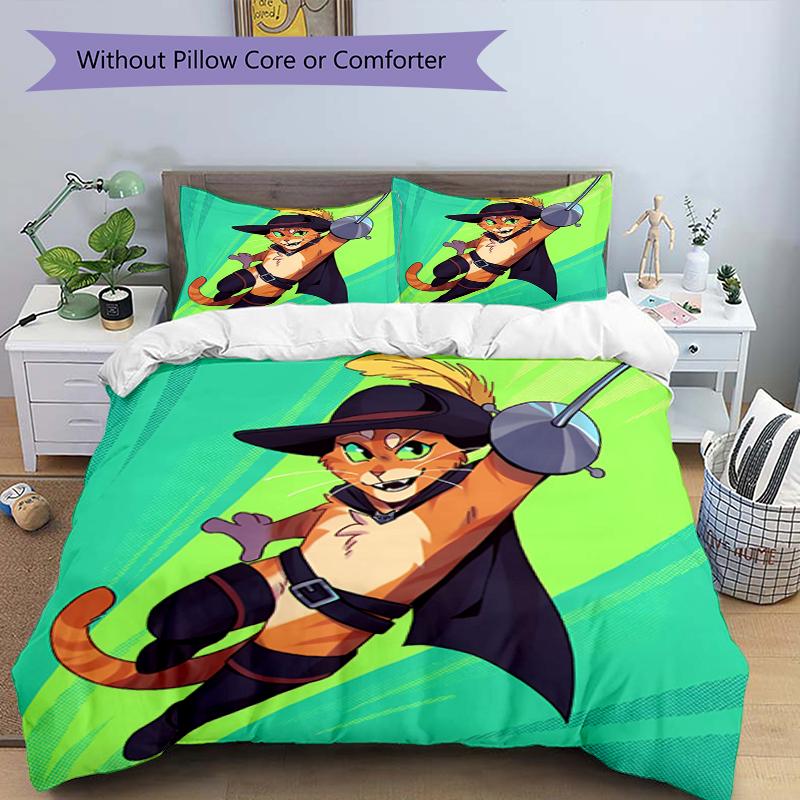 3pcs Puss In Boots Bedding Set Duvet Cover Closure Includes 1 Duvet Cover & 2 Pillowcases, Soft and Comfortable for All Seasons.
