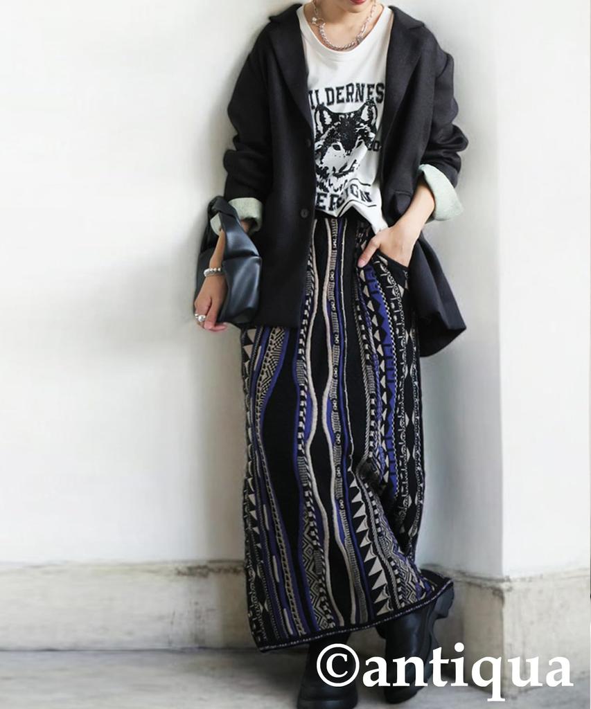Antiqua Geometric Print Knit One Black Mix Skirt, Women's, Bottoms, Pattern, PN-00593, Size, 05,