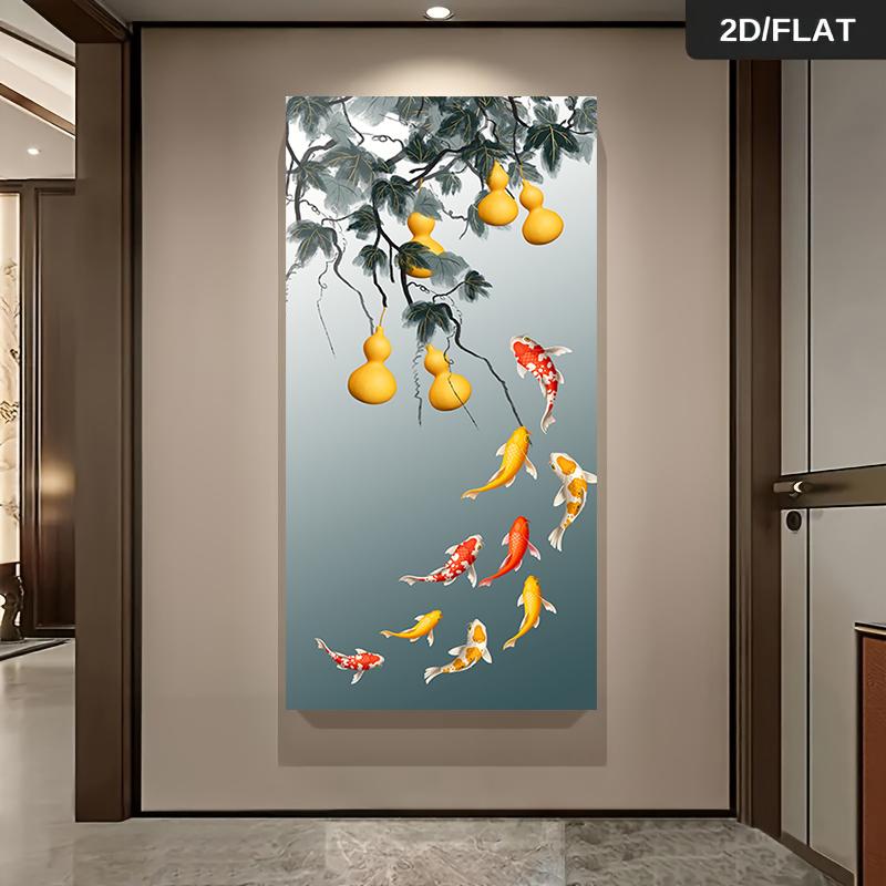 

1 piece of Chinese style gourd, nine fish picture, canvas decorative painting, new Chinese style living room entrance Feng Shui (as the picture,50x100cm No Frame)