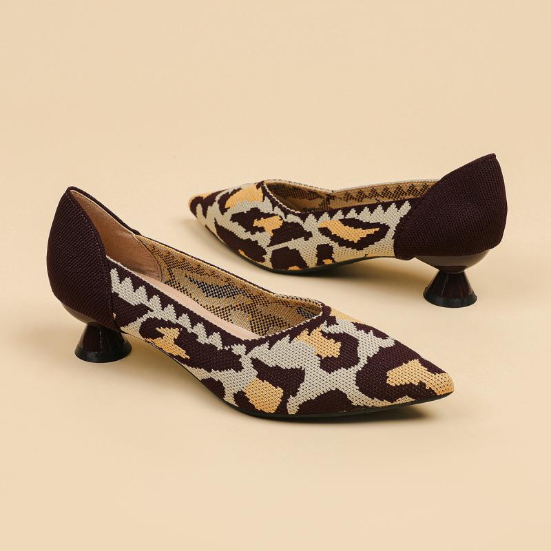 Spring and Summer New Flying Woven Shoes Single Shoes Women's Shallow Mouth High Heels Pointed Breathable Single Shoes Leopard Print