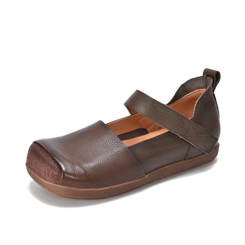 Johnature Retro Genuine Leather Square Toe Flat Shoes Soft Sole Handmade Solid Color Women's Shoes