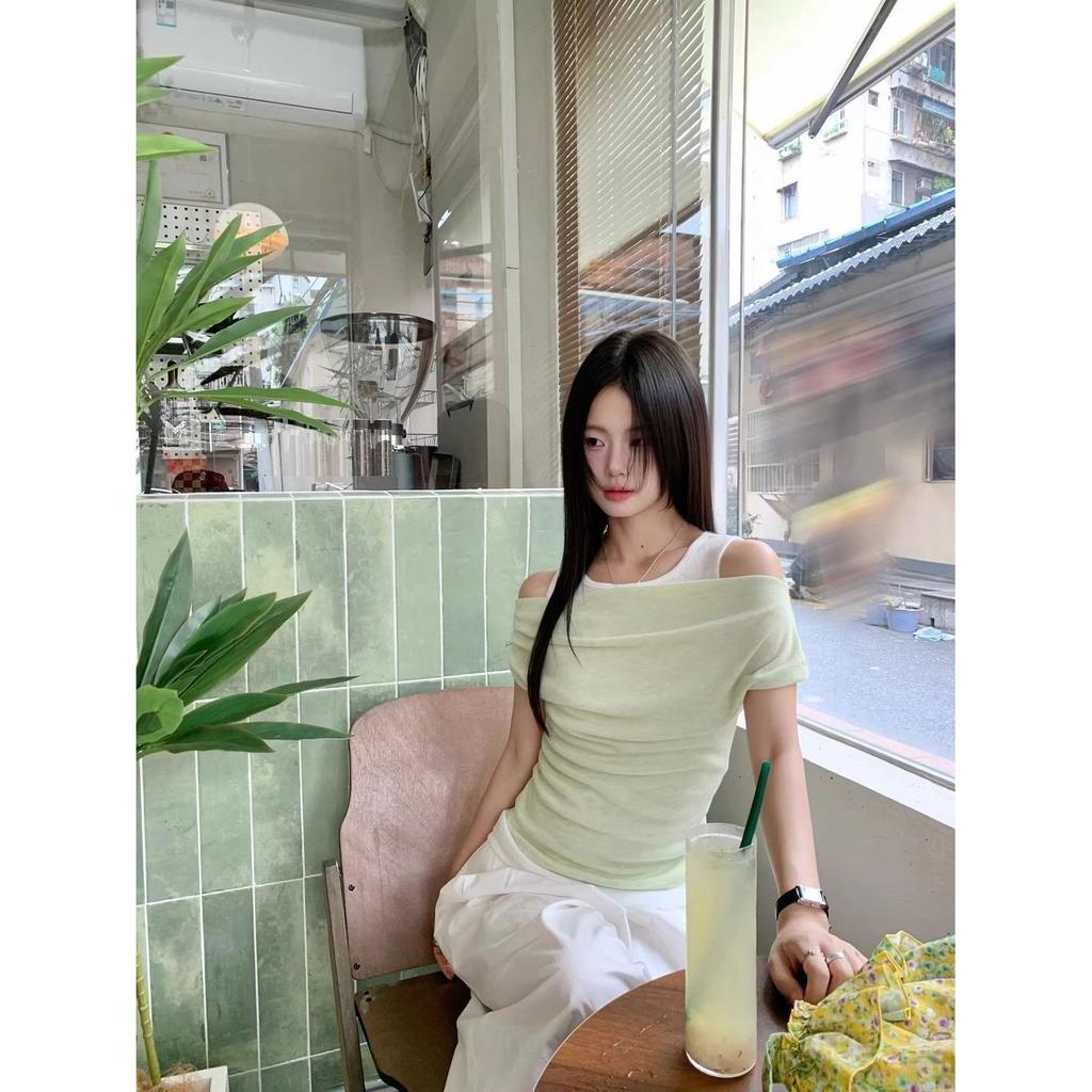 Women Off Shoulder 2-in-1 Layered Short Sleeve Top Ruched Slim Fit Knit Tee