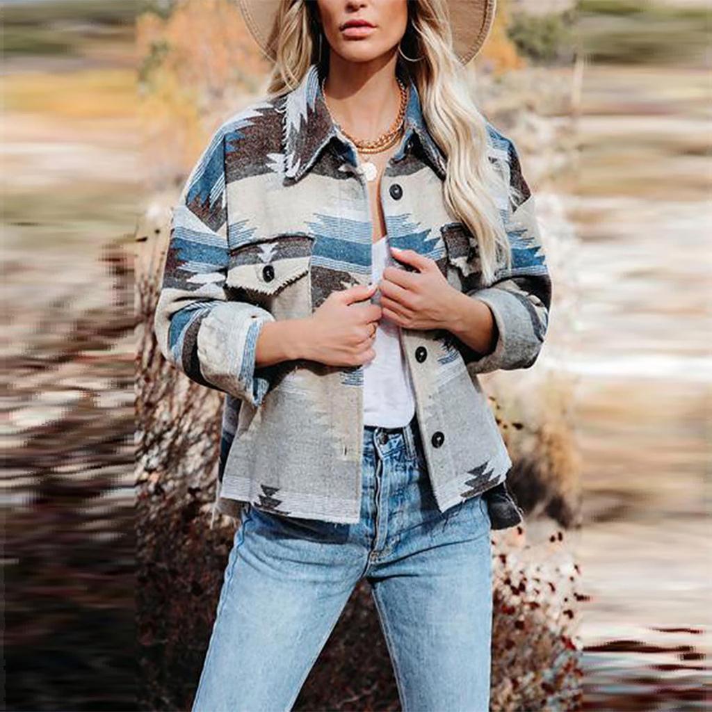 Women Casual Fashion Retro Ethnic Geometric Print Long-sleeved Woolen Coat