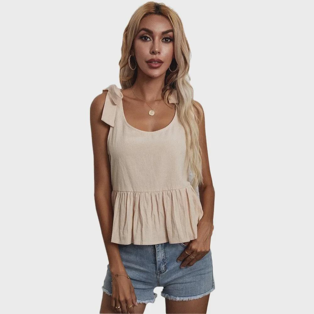 2024 Damski Luźny T-shirt z Bawełny i Lnu z Dekoltem U - Wszechstronny Styl Europejski i Amerykański