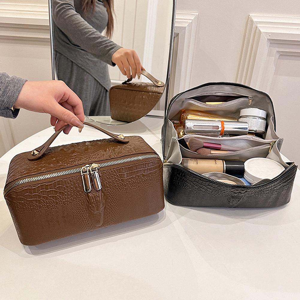 Snakeskin Pattern Cosmetic Bag with Zipper Travel Makeup Pouch with Handle Cosmetic Organizer Case Open Flat for Women and Girls