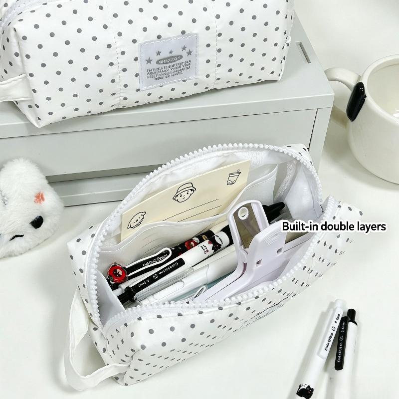 Cute White Polka Dot Pencil Case Stationery Bag Portable Large Capacity Pen Pouch Student School Stationery Storage Bag
