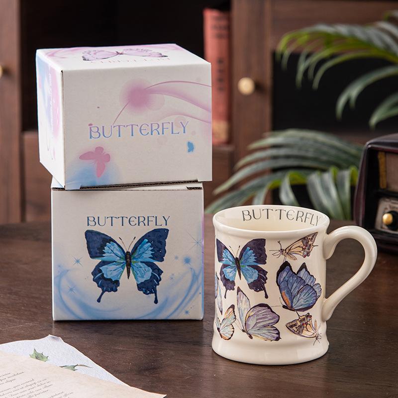 

French romantic retro ceramic mug elegant butterfly coffee cup restaurant office home delivery girl drinking cup 380ml