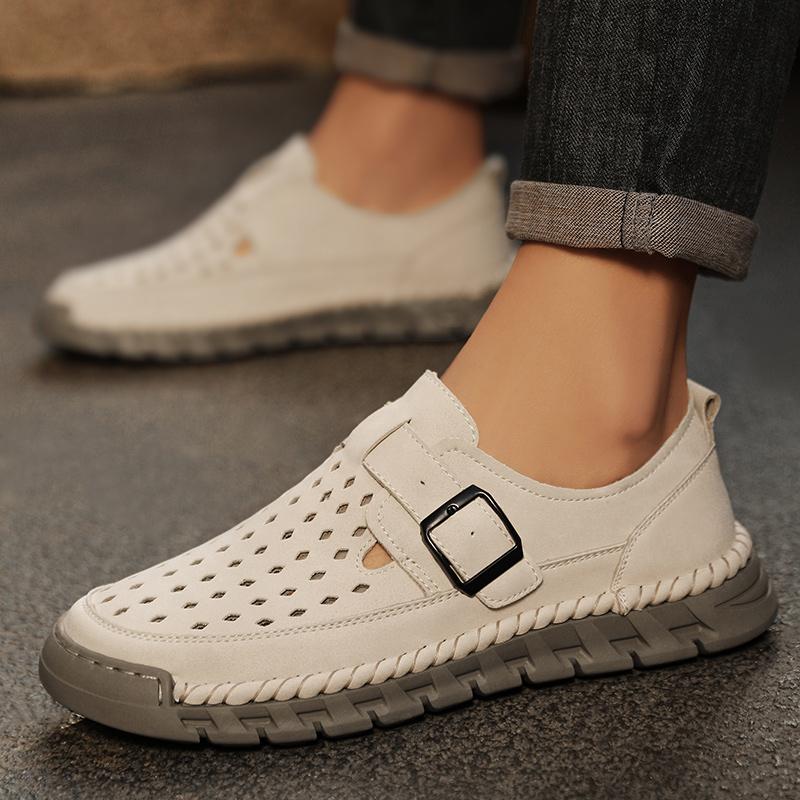 Fashion Summer Men's Perforated Breathable Handmade Stitched Cowhide Soft Sole Single Shoes Fashion Outdoor Men Comfortable Casual Shoes
