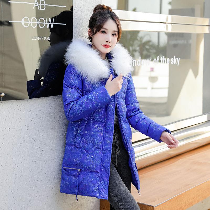 

Зимняя куртка из хлопка для женщин средней длины с капюшоном и воротником из искусственного меха, утепленная верхняя одежда в корейском стиле, парка XL синий