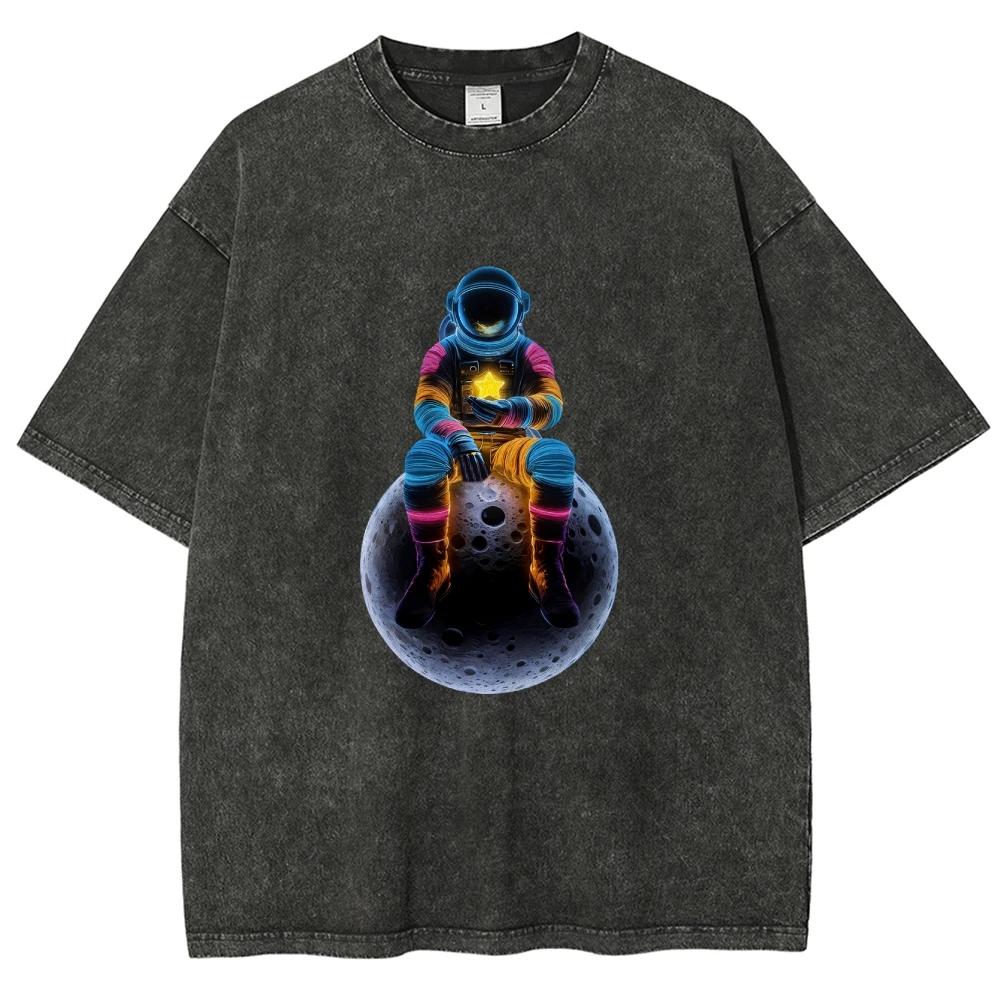 Unisex Fit Washed T-Shirt Cool Astronaut Tees Shirts Men Women Short Sleeve T-shirts Cotton Oversized T-shirt