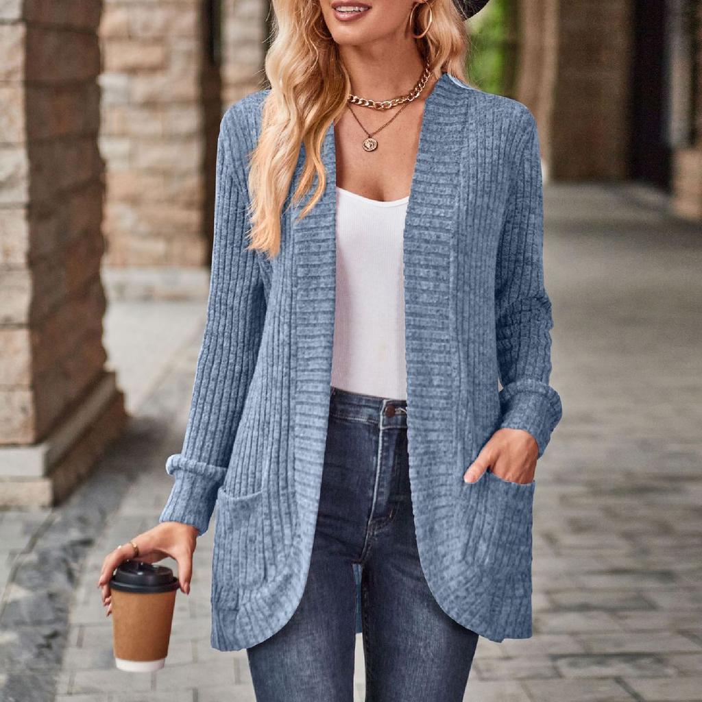 Women Ladies Solid Color Long Sleeve Length Cardigan Sweater Coat Top