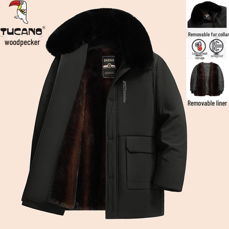 

Woodpecker Men s Fleece-Lined Removable Fur Collar Winter Jacket for Middle-Aged and Elderly 4XL 185–205 lbs чорний
