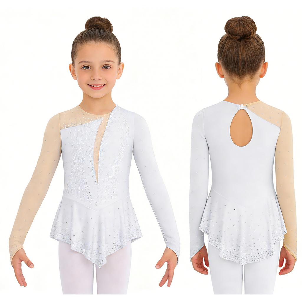 Girls Figure Skating Dance Dress: Long Sleeves Finger Holes Keyhole Back Mesh Patchwork Shiny Rhinestones Asymmetrical Hem