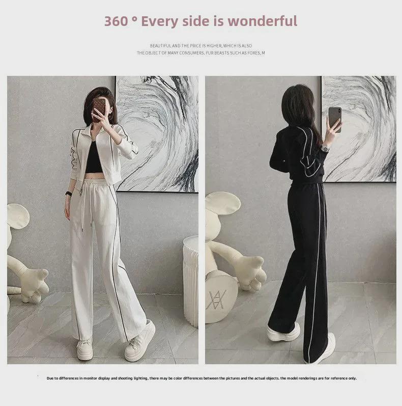 Americký styl Trendy Dámská Slim Fit Bunda na zip a Kalhoty se širokými nohavicemi Dvoudílný oblek na podzim a zimu