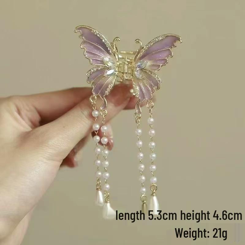 Korean Style Rhinestone Butterfly Pearl Tassel Hair Clip