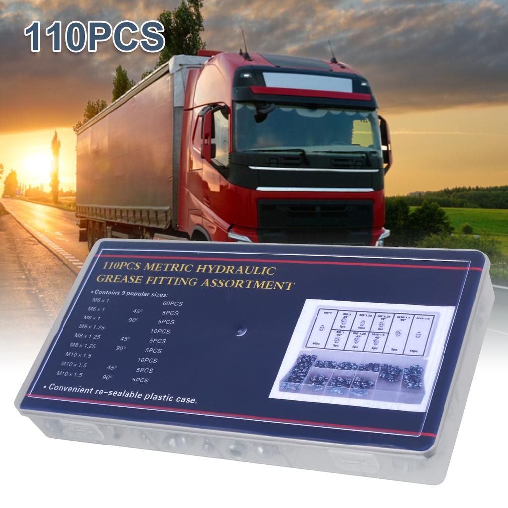 110 Pcs Grease Nipple Fittings Assortment Kit Straight 45/90° Angled Galvanized Metal Grease Nipple Set for Motorcycle Truck