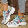 Atmungsaktive Sportschuhe für Damen in Übergröße, Flyknit Mesh, lässiger Einzelschuh, Blumendruck, farbige Vorderseite, Schnürung, flache Sohle, Sneaker, 35–43
