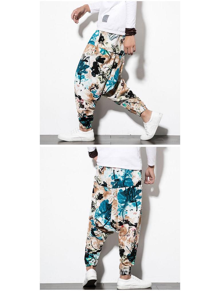 2023 Spring Men's Chinese-Style Cotton Linen Harem Pants - Printed Hip Hop Trousers