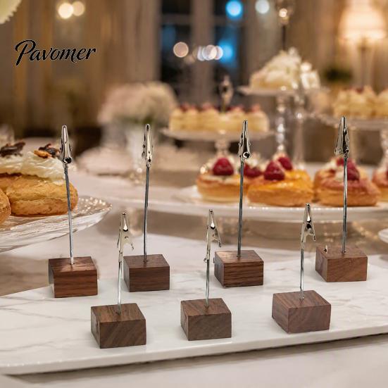 Compact Note Holder Wooden Cube Memo Clip Stand, Display Solid Wood Square Base Receipt Card Holder, Vertical for Wedding Party or Office Table